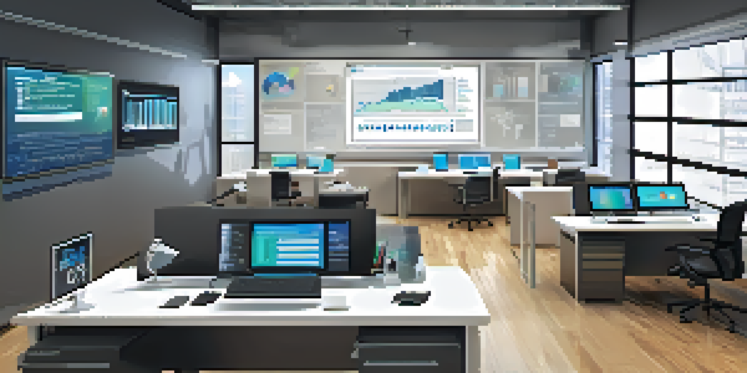 A modern office workspace with a computer displaying security software and motivational quotes on the walls.