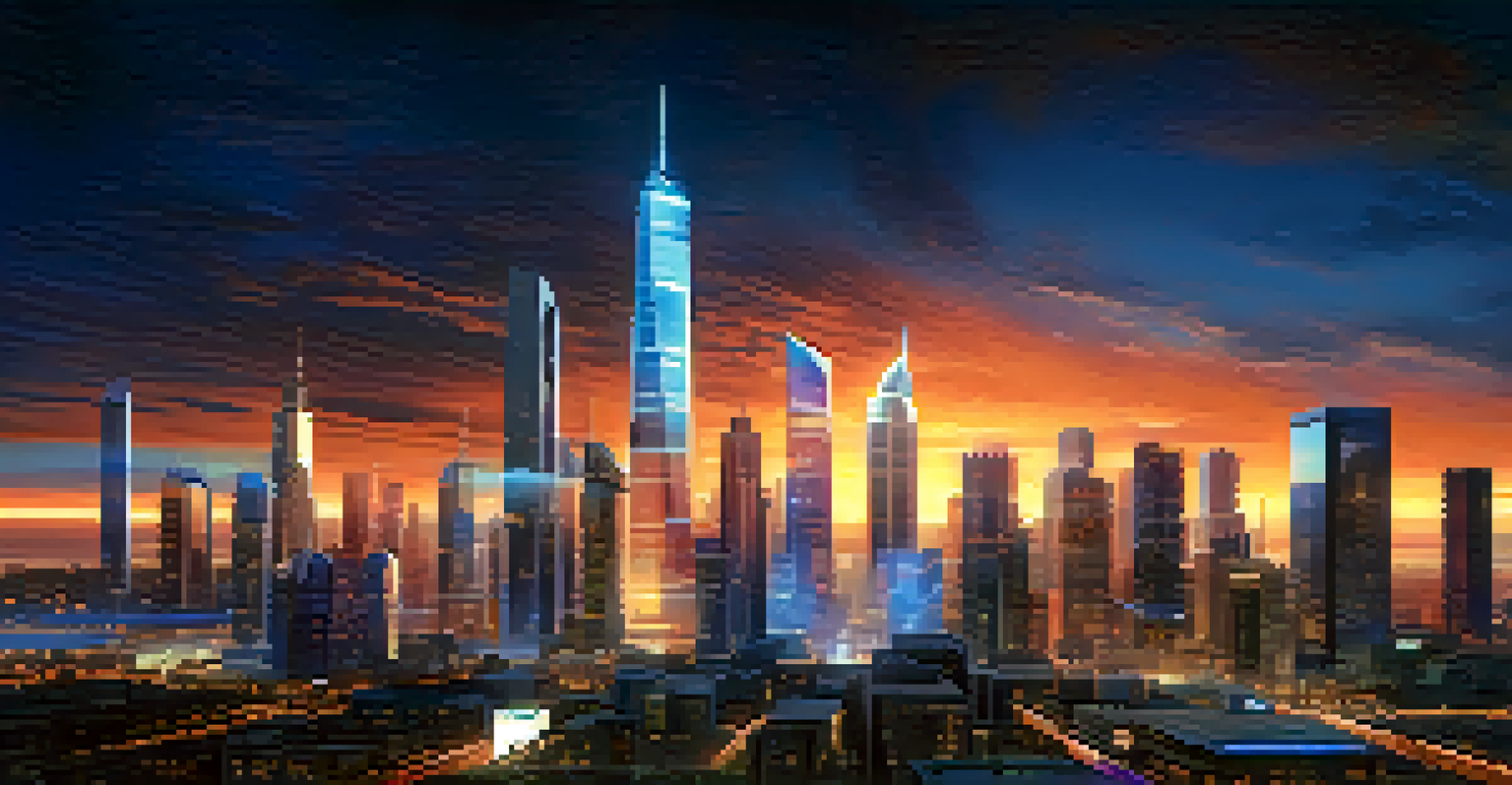 A futuristic city skyline at dusk with digital overlays of real estate transactions.