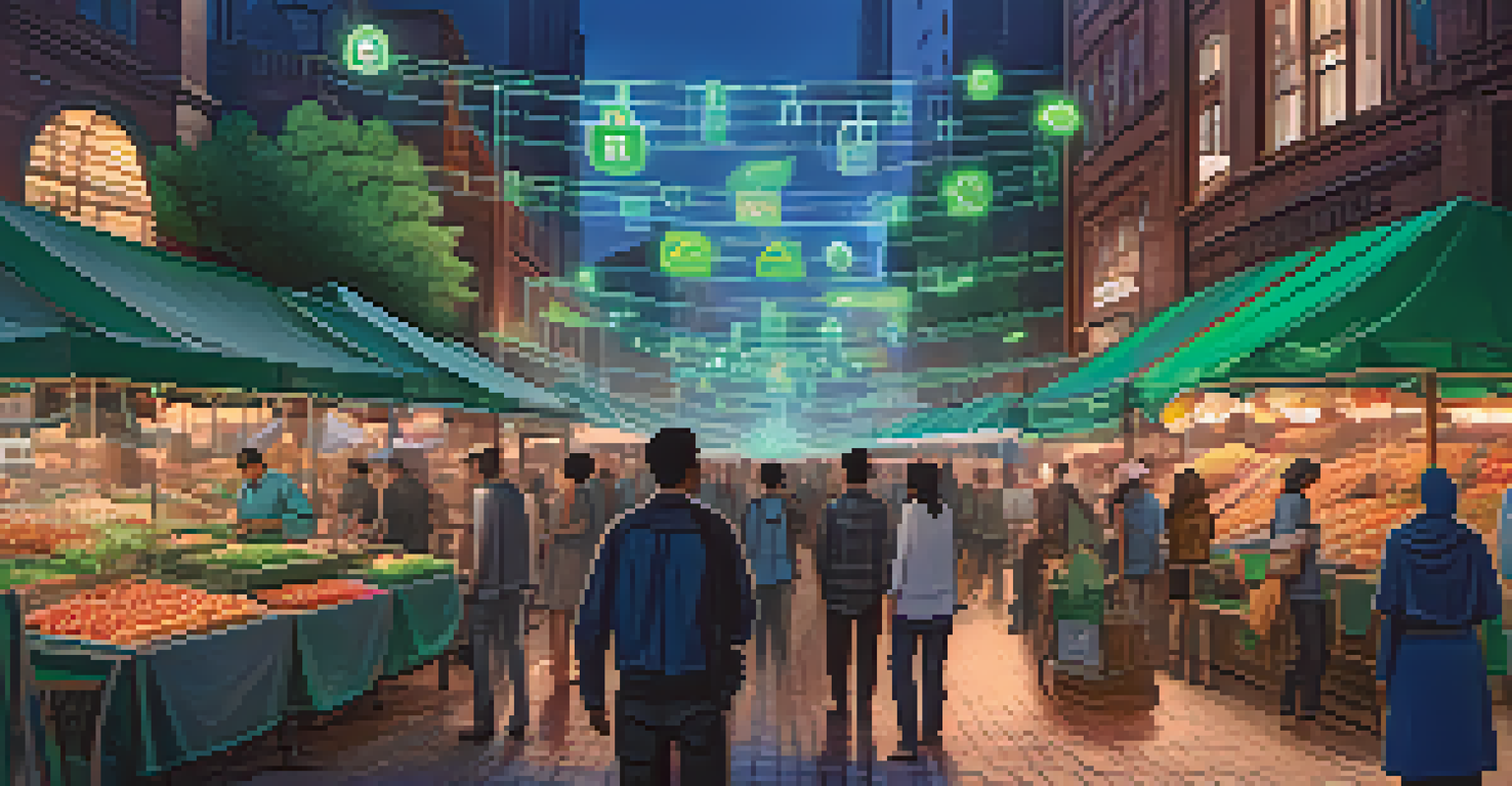 A marketplace representing decentralized finance with vendors, customers, and digital elements.