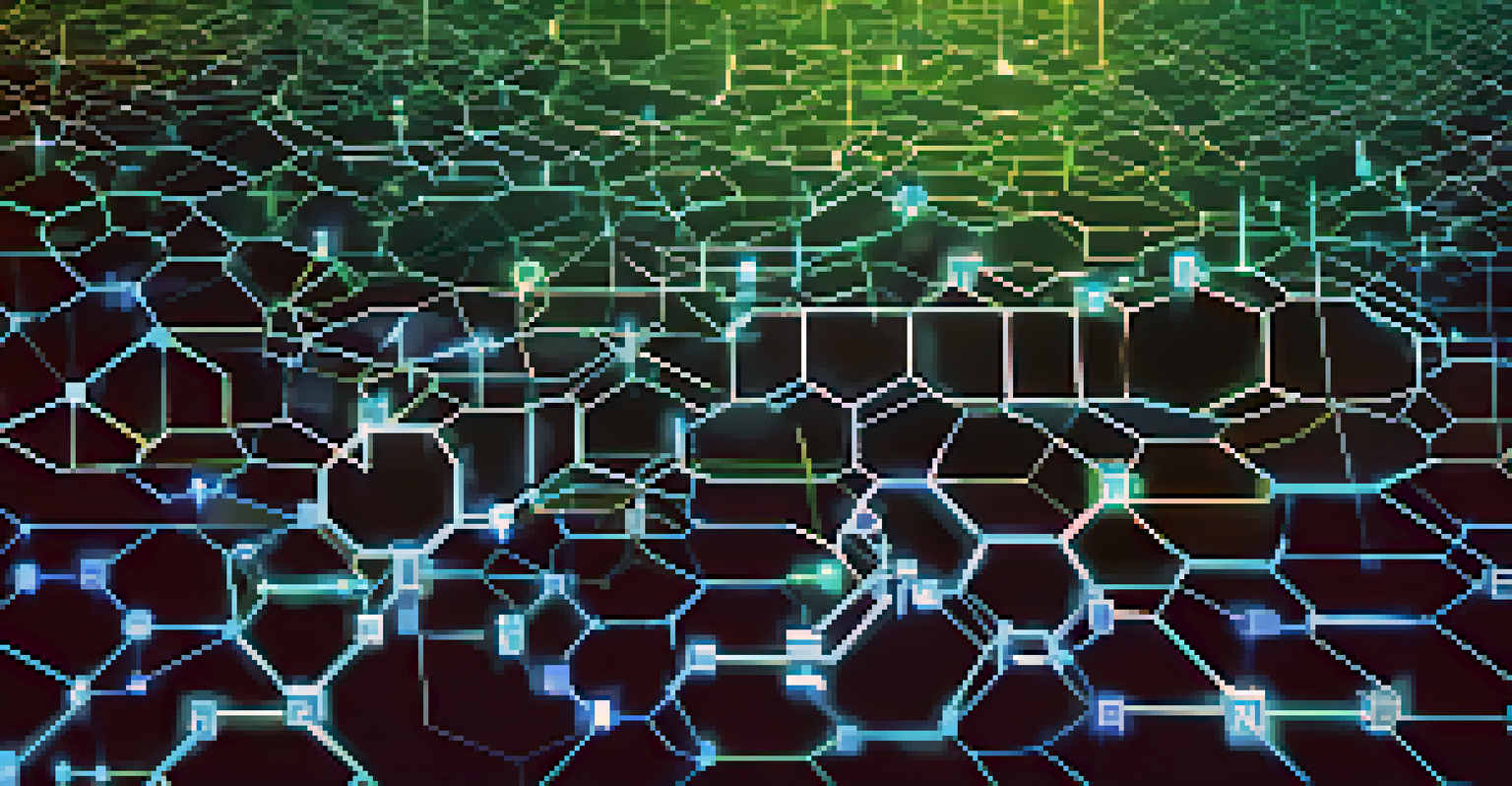 A visual representation of a blockchain network with interconnected blocks and glowing lines symbolizing secure transactions.