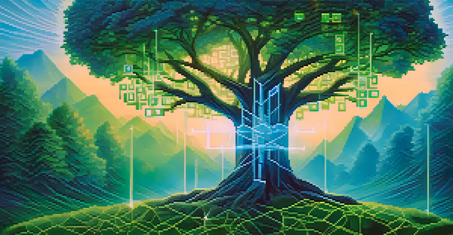A digital tree with blockchain nodes as leaves against a gradient background, symbolizing the connection between sustainability and technology.