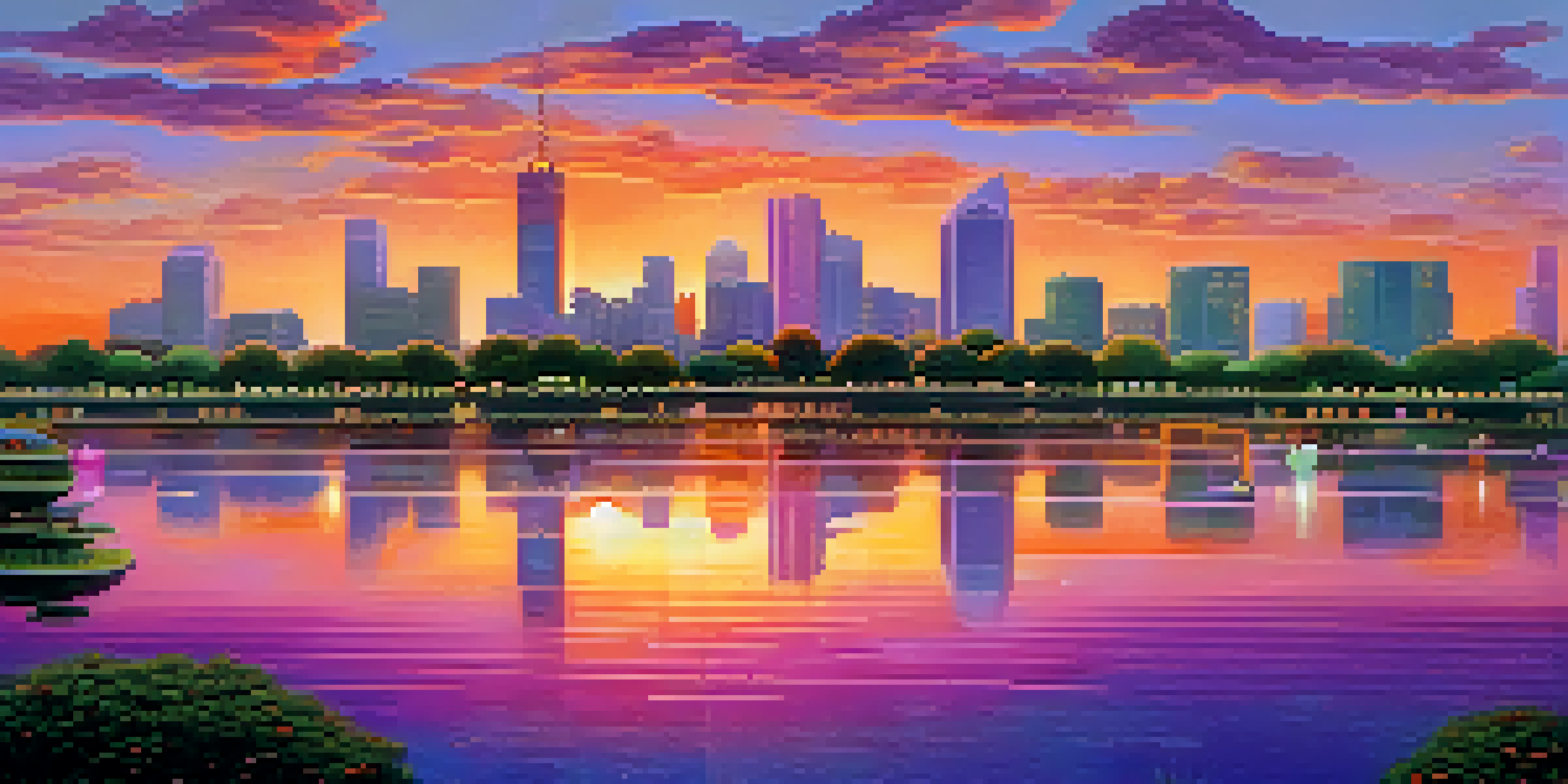 A futuristic city skyline at dusk with vibrant colors, a green park in the foreground, and people walking, under a colorful sunset sky.