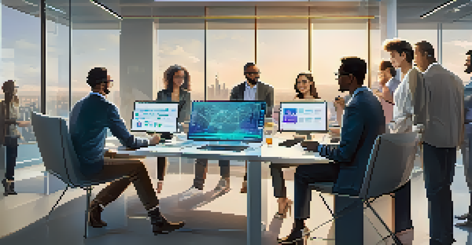 A diverse group of people interacting with a transparent screen displaying blockchain technology and utility tokens in a modern office setting.