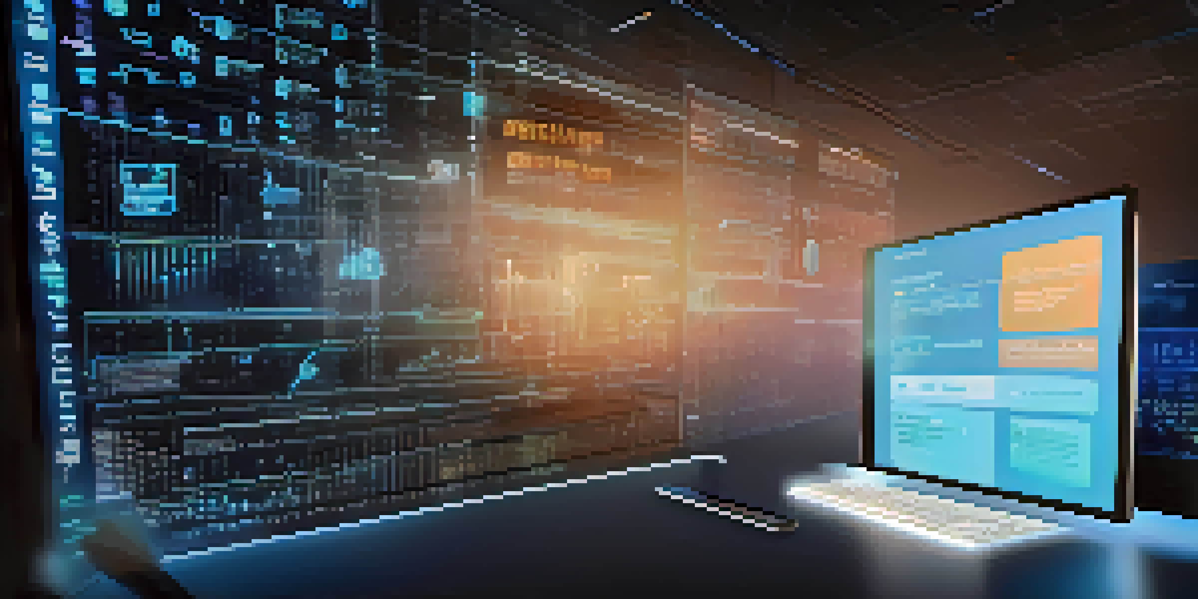 A close-up of a digital screen showing a smart contract interface with glowing blue elements in a dark office.