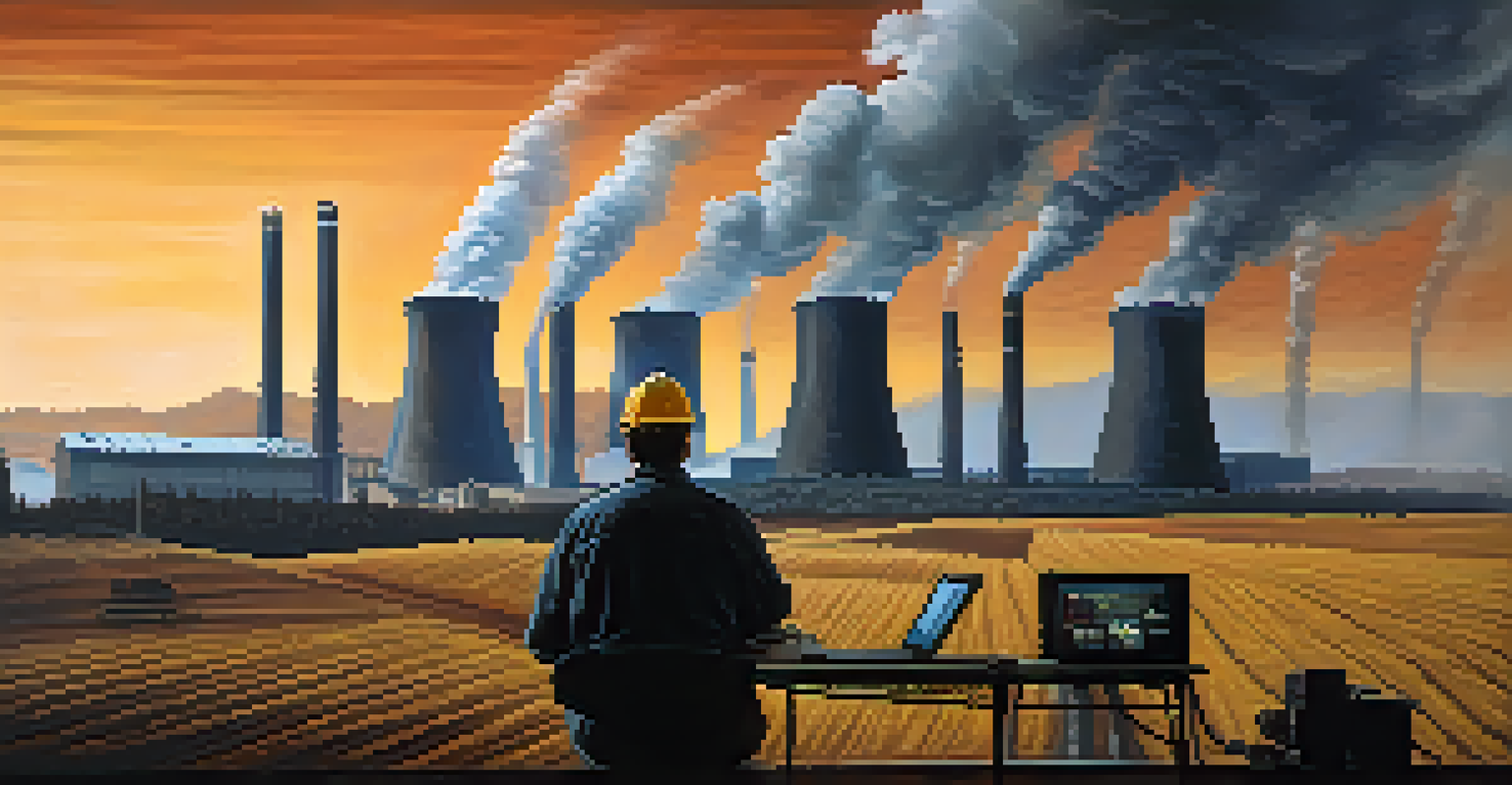 A coal power plant emitting smoke beside a focused Bitcoin miner at a computer, illustrating environmental concerns.