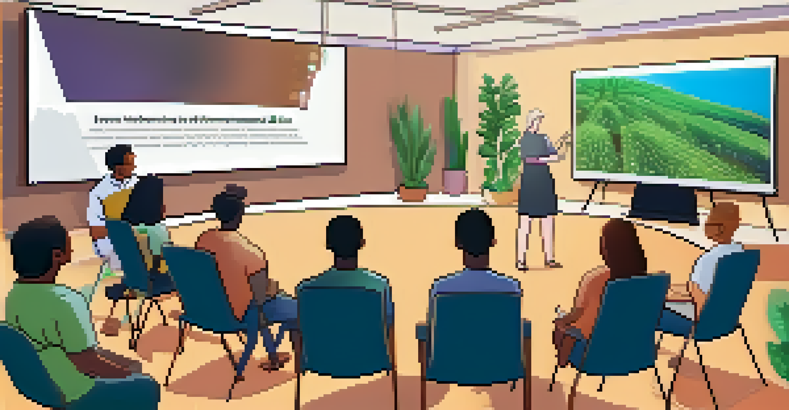 A workshop with diverse individuals learning about cryptocurrency, with a projector displaying slides and a facilitator leading the discussion.