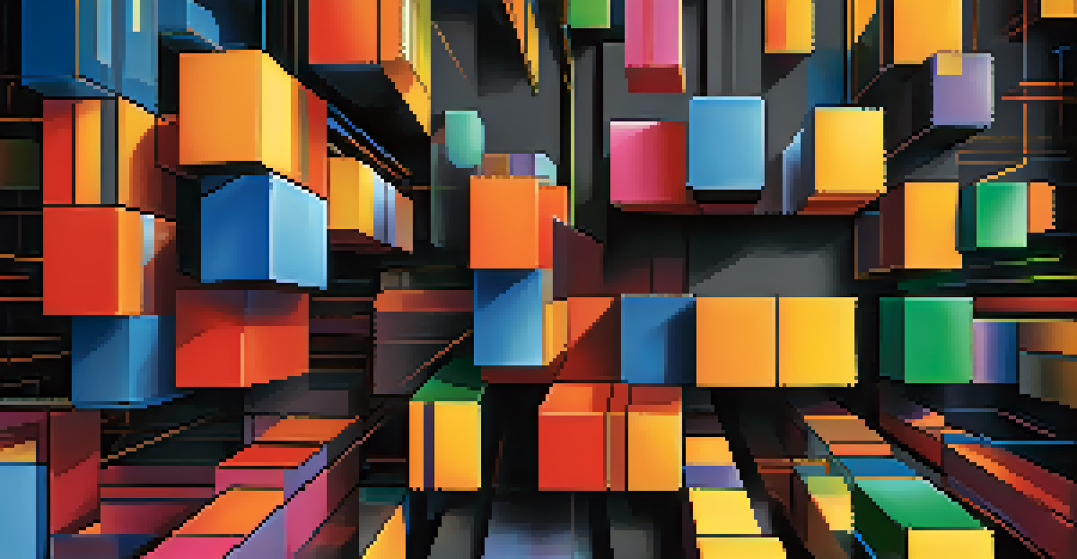 An abstract image showing colored blocks interconnected with bright lines, symbolizing blockchain interoperability against a dark background.