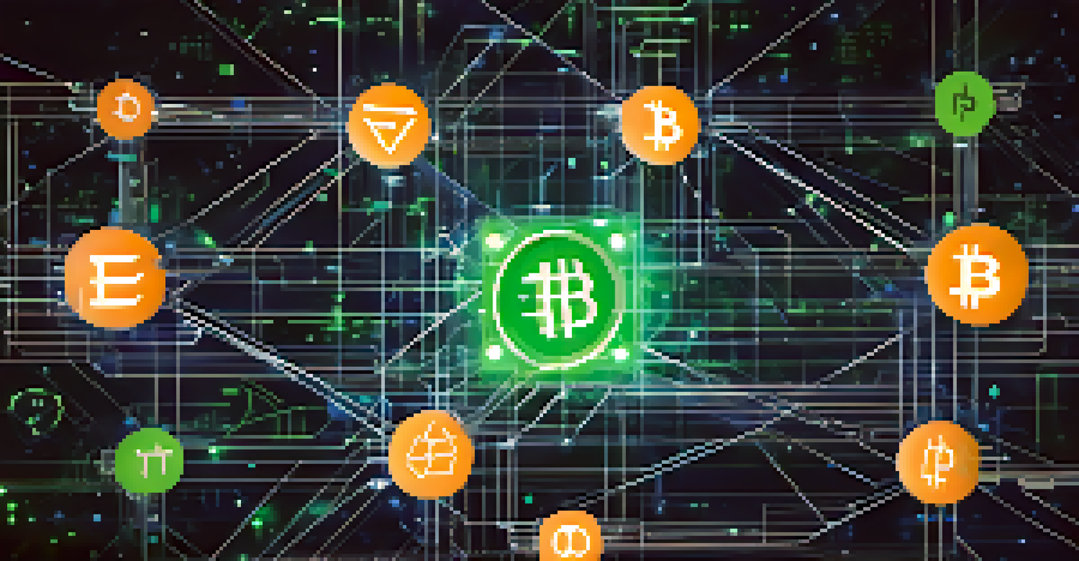 An abstract visual of a blockchain network with glowing blocks and digital currency symbols in a dark space.