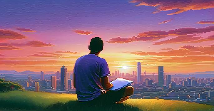 A young investor sitting on a grassy hill, looking at a sunset over a city skyline, reflecting calm and contemplation.