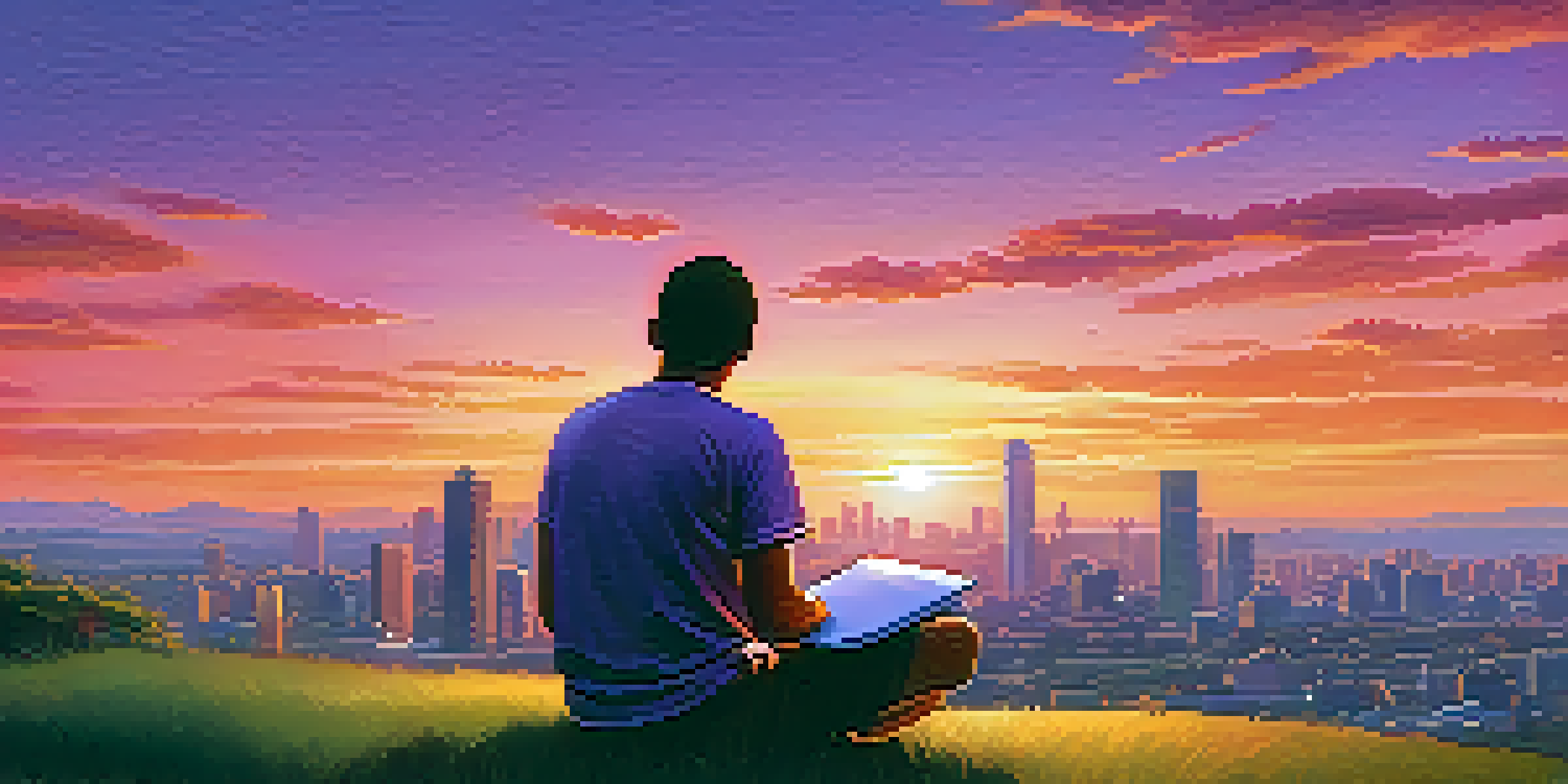A young investor sitting on a grassy hill, looking at a sunset over a city skyline, reflecting calm and contemplation.