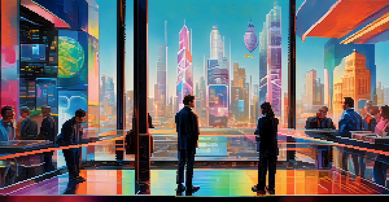 An abstract representation of a decentralized exchange platform with a futuristic city skyline in the background.