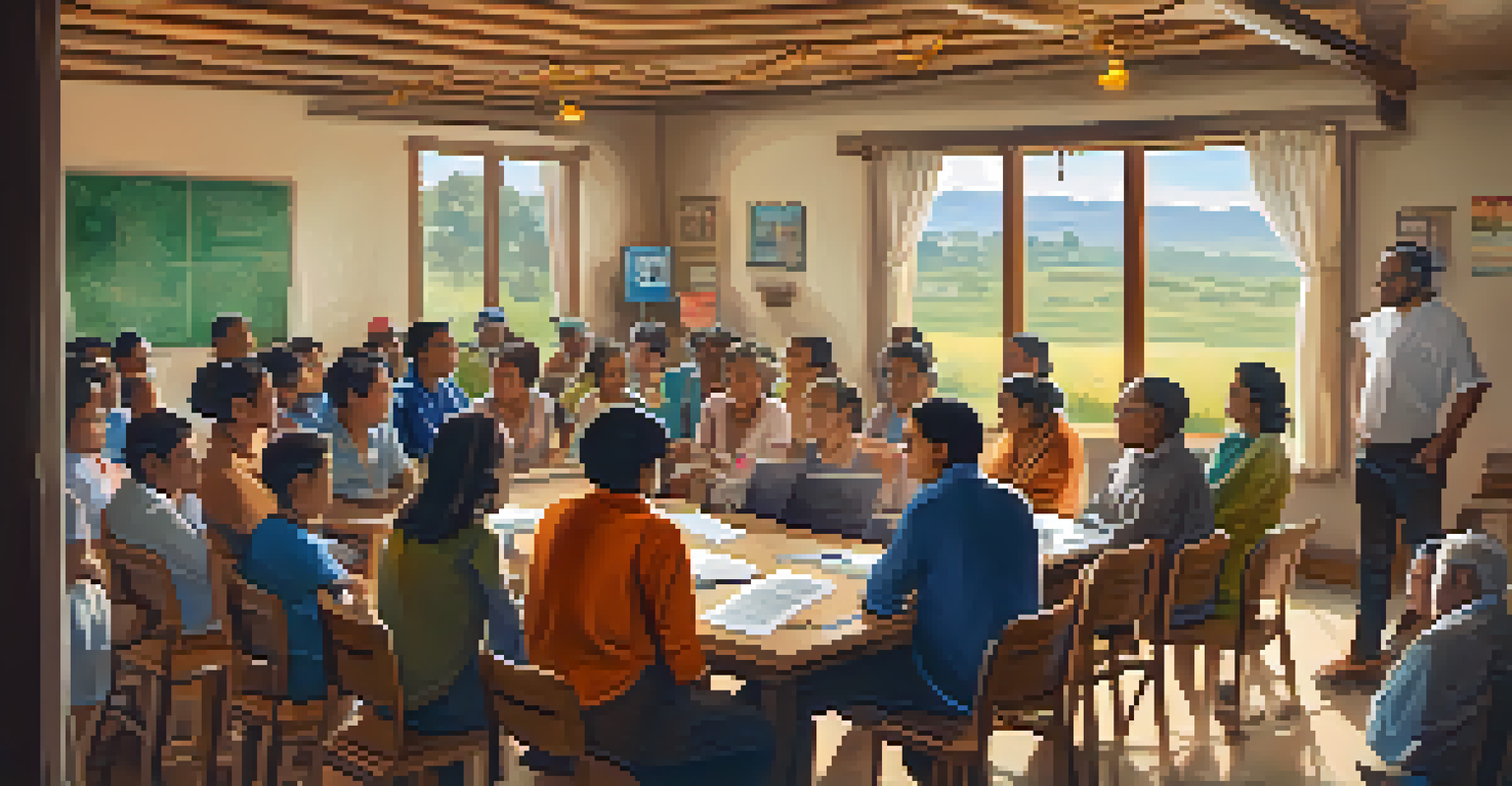 A rural community workshop focused on cryptocurrency education with people listening to a speaker and charts displayed.