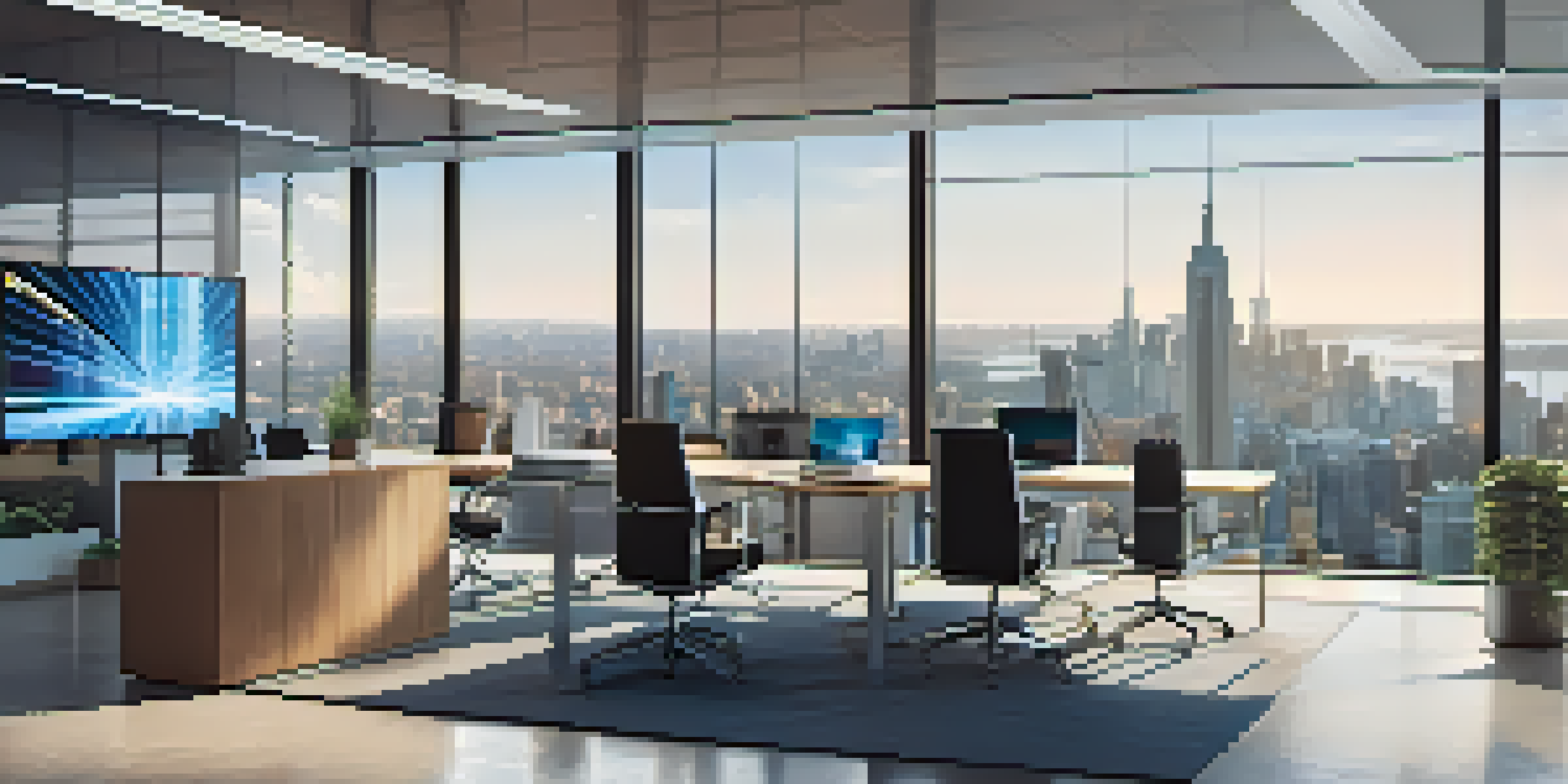 A bright and modern office with a city skyline view, featuring a digital screen showing blockchain graphics.