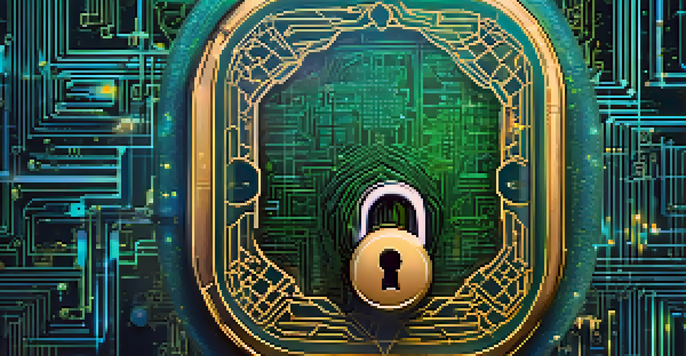 A digital lock and key representing security within a blockchain network, highlighted by soft blue and green lights.