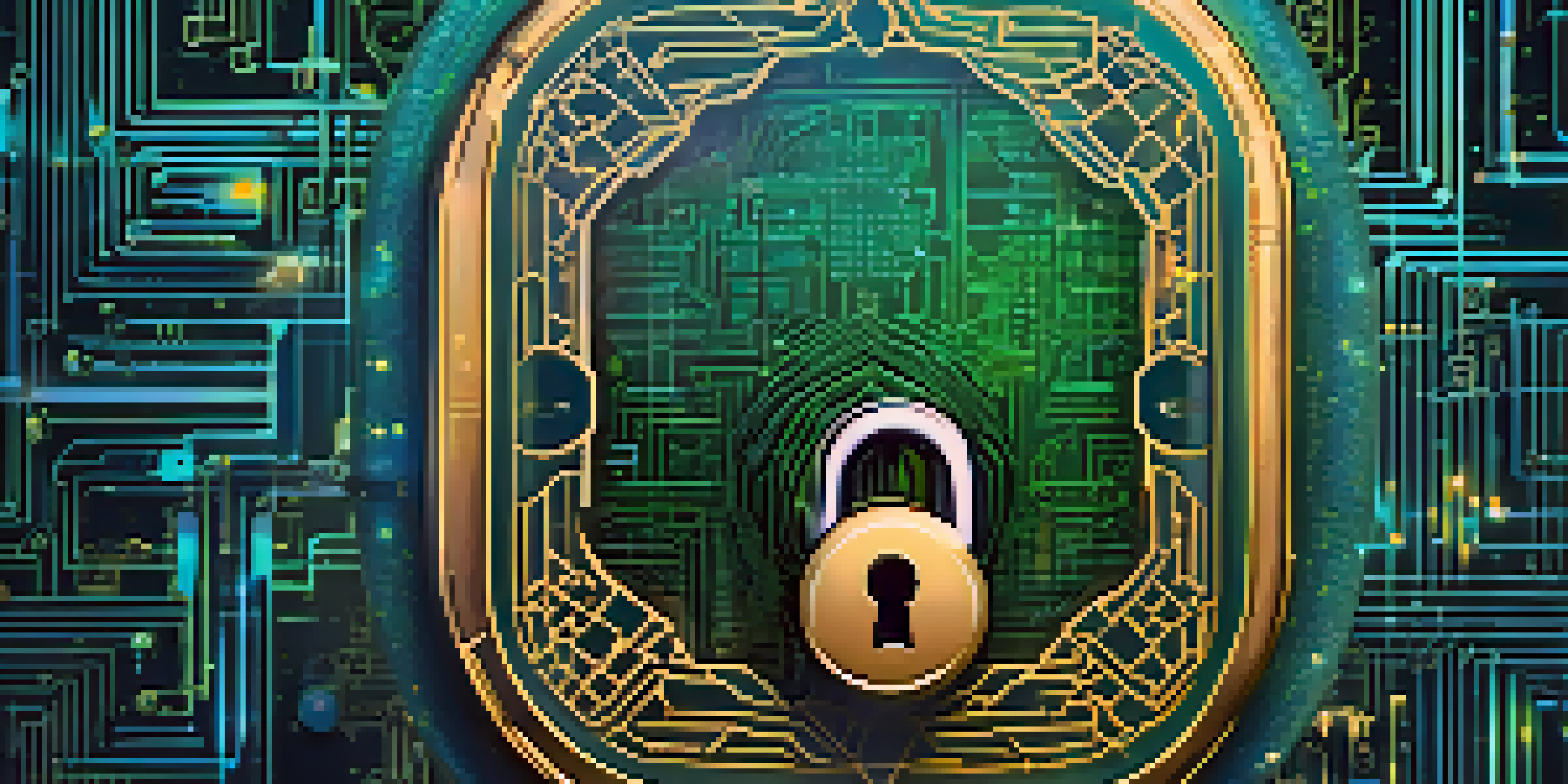 A digital lock and key representing security within a blockchain network, highlighted by soft blue and green lights.
