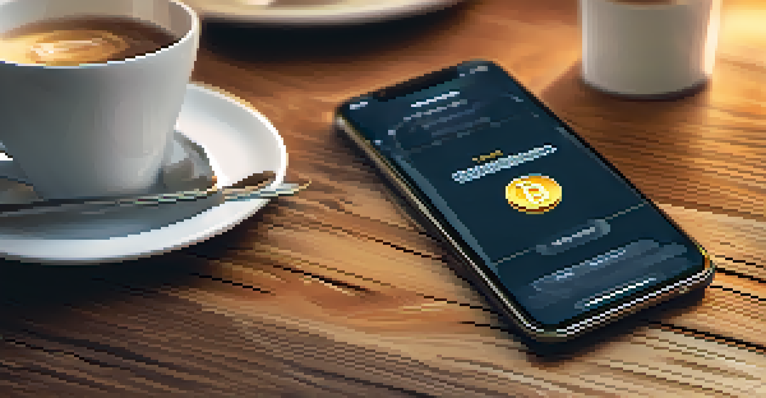 A close-up view of a smartphone showing a cryptocurrency wallet app, placed on a café table next to a cup of coffee, emphasizing modern digital transactions.