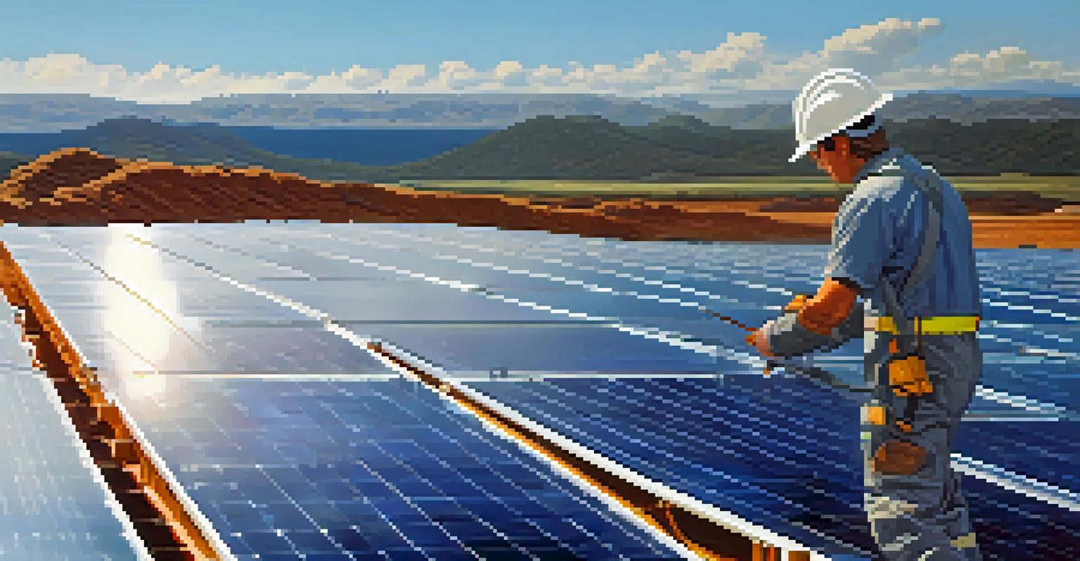A solar panel array in a cryptocurrency mining facility with a miner adjusting equipment under a blue sky.