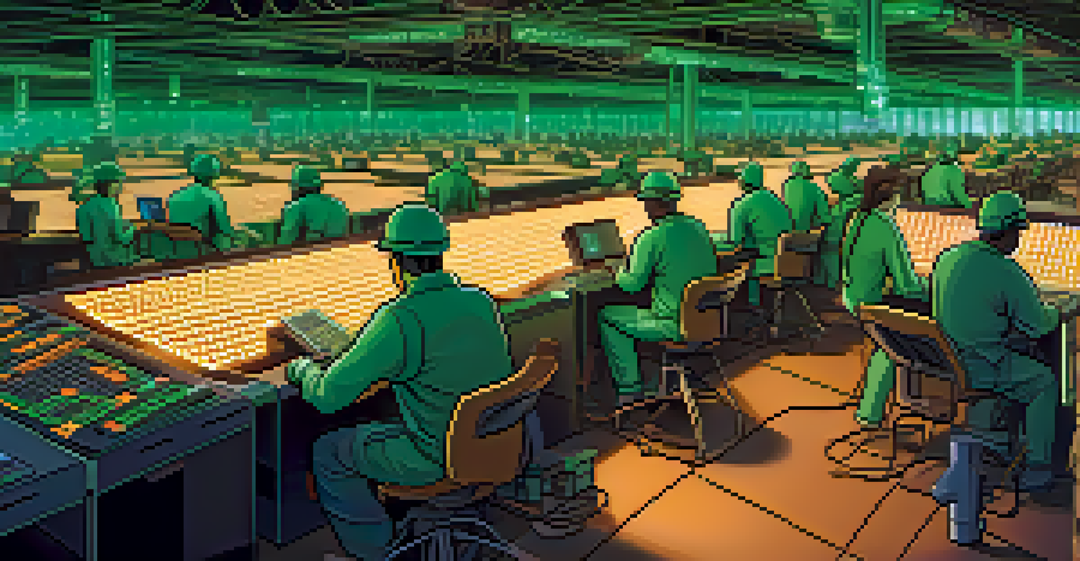Miners working on computers surrounded by cryptocurrency coins in a dimly lit room.