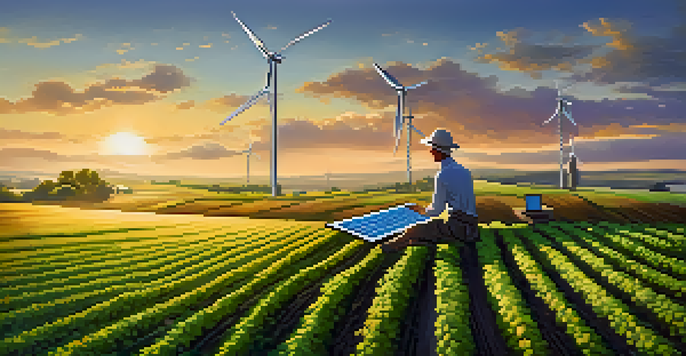 A modern farm with solar panels and wind turbines, with a farmer using a tablet amidst green fields during sunset.