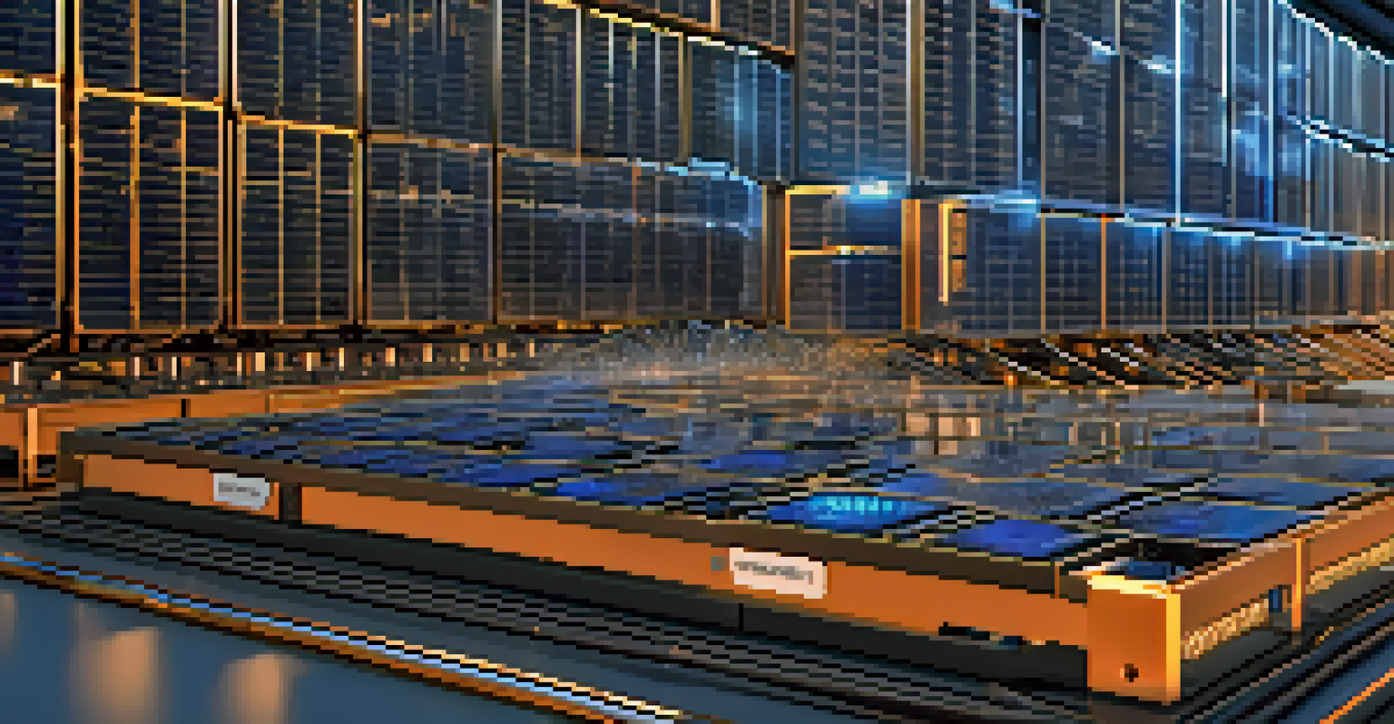 A detailed close-up of a Bitcoin mining rig illuminated by blue LED lights with energy-efficient solar panels in the background.