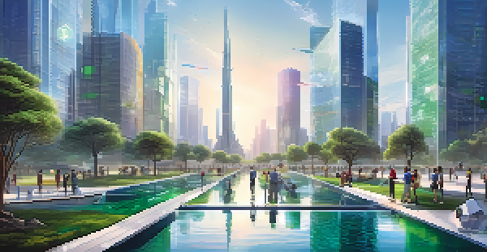 A futuristic city skyline with people collaborating around a digital interface, symbolizing smart contracts and blockchain technology.