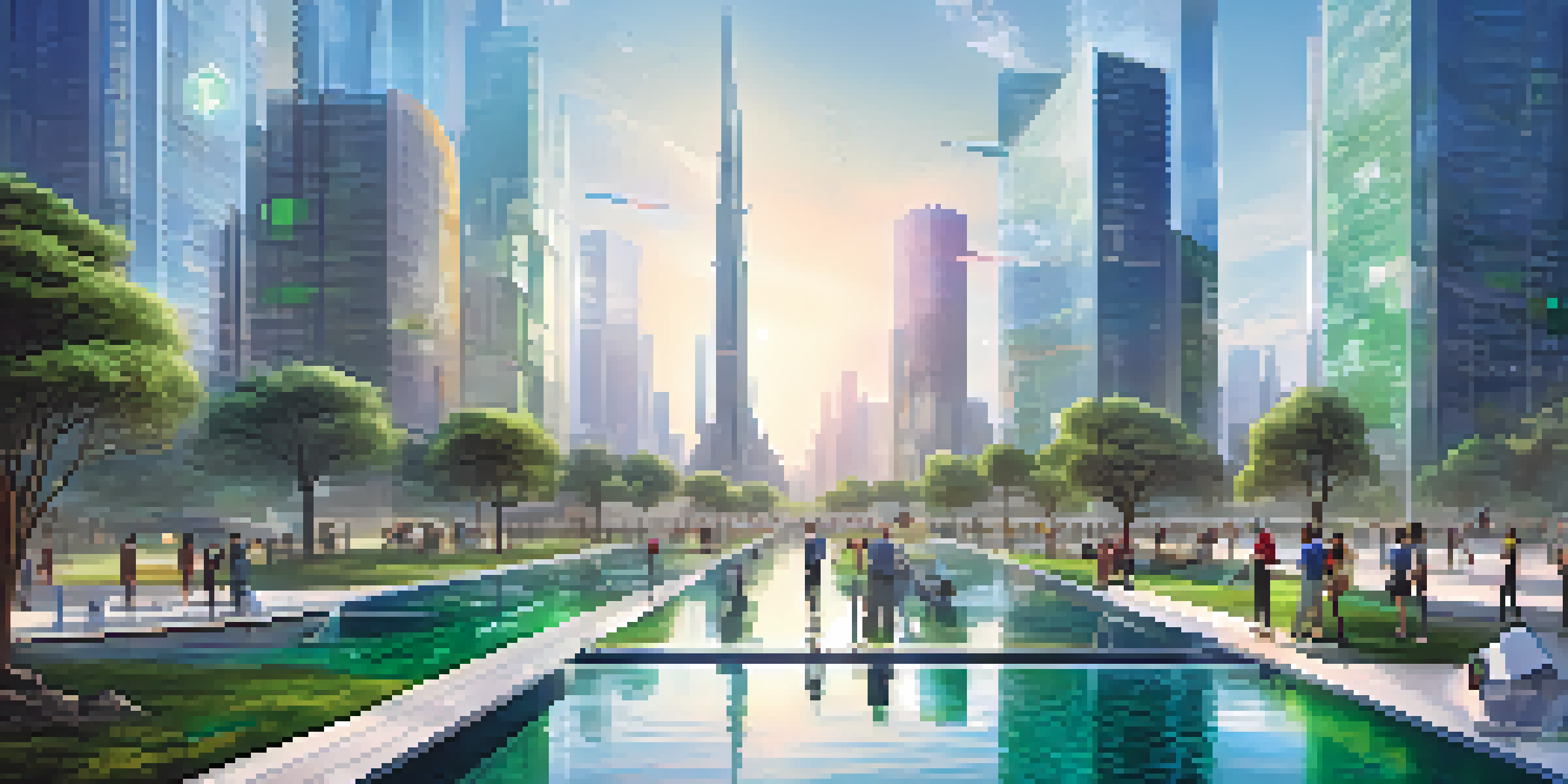 A futuristic city skyline with people collaborating around a digital interface, symbolizing smart contracts and blockchain technology.