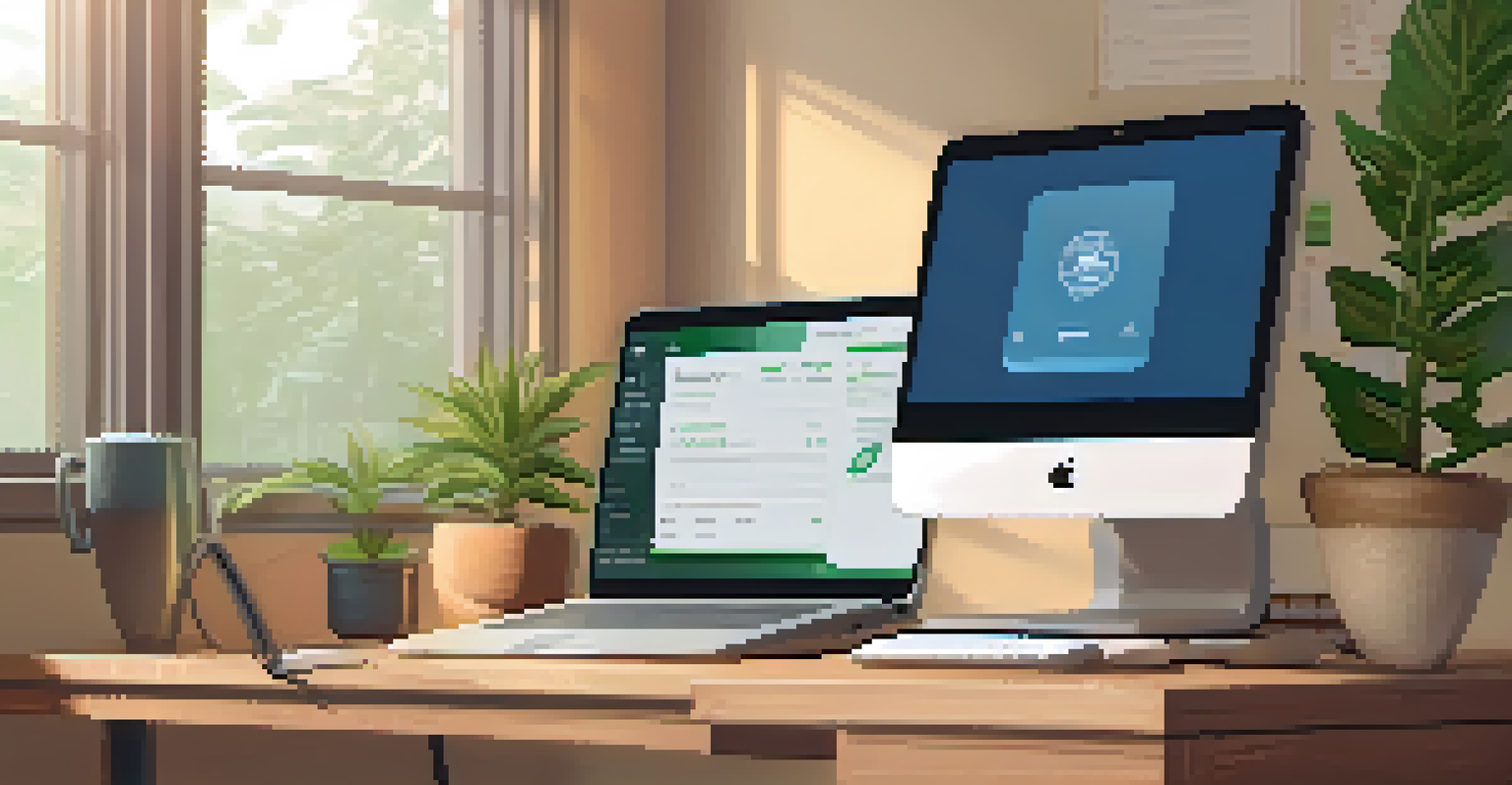 A workspace with a laptop showing a security dashboard and a two-factor authentication prompt, accompanied by a plant and coffee.