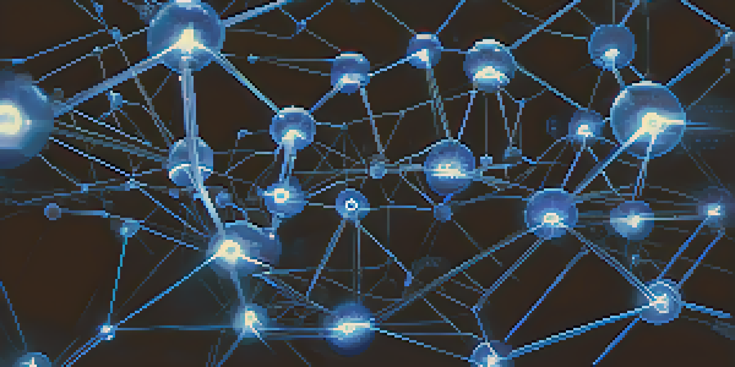 A digital illustration of a blockchain network with glowing blue nodes interconnected by lines, set against a dark background.