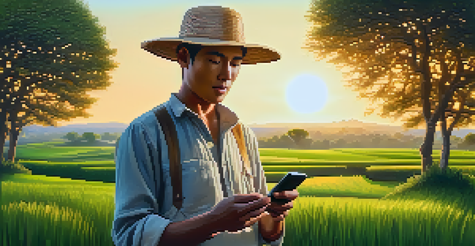 A farmer in a green field using a smartphone to access cryptocurrency information, with a sunset backdrop and rural houses in the background.