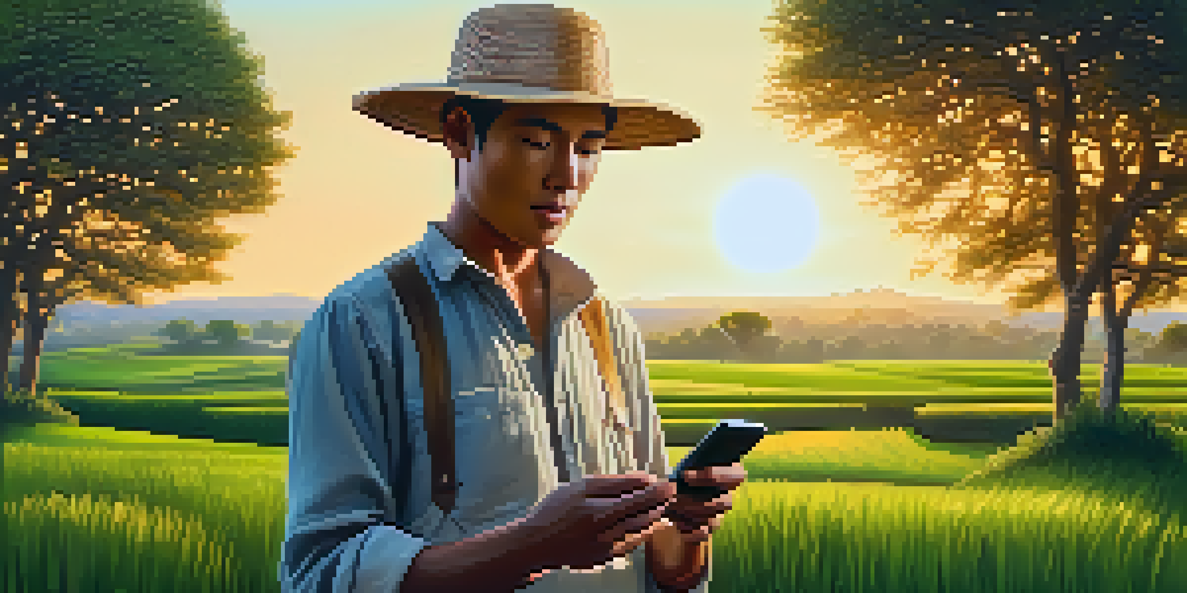 A farmer in a green field using a smartphone to access cryptocurrency information, with a sunset backdrop and rural houses in the background.