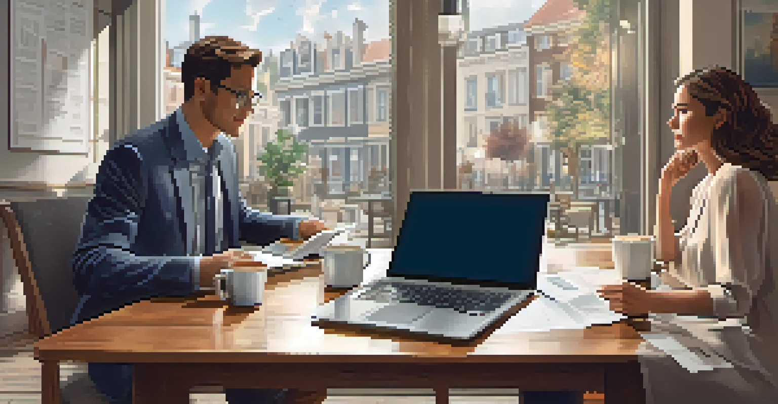 A couple discussing real estate options at a table, with a laptop showing a smart contract interface.