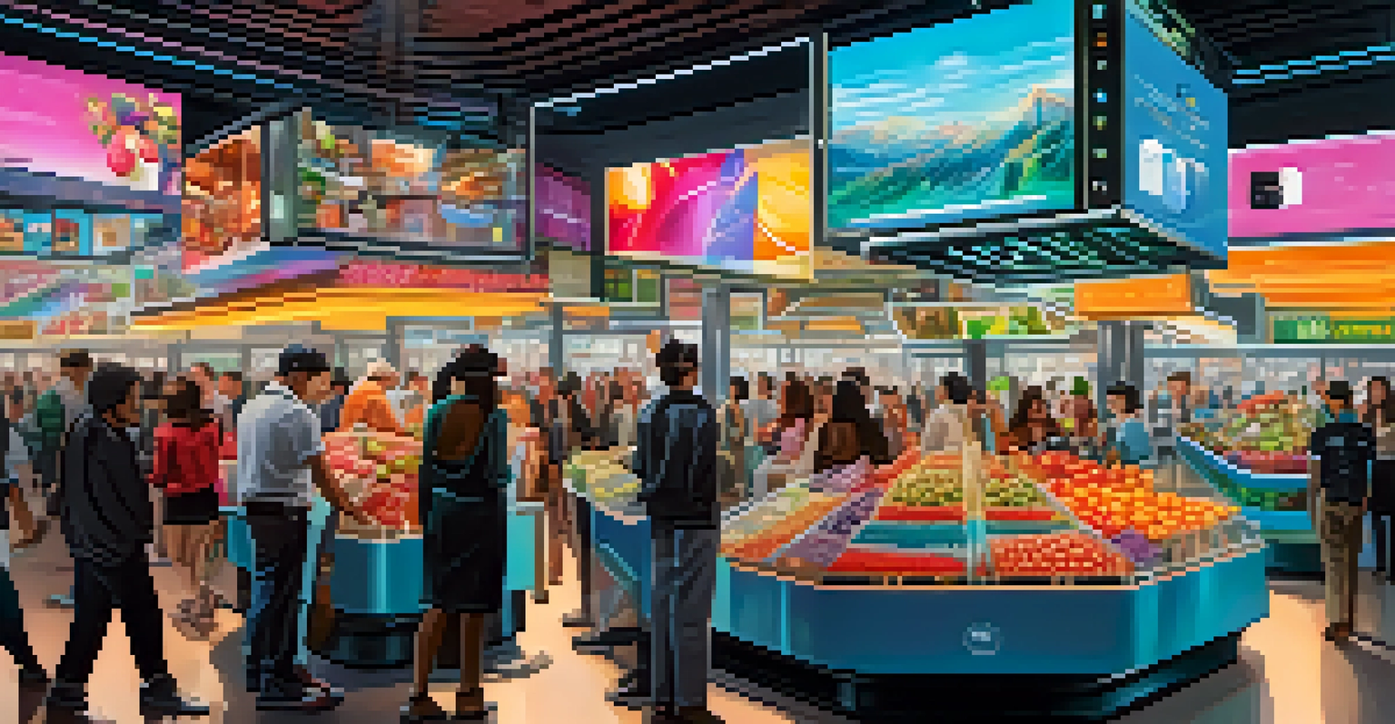 A futuristic market scene showing people trading tokenized assets on smartphones with colorful digital displays around them.