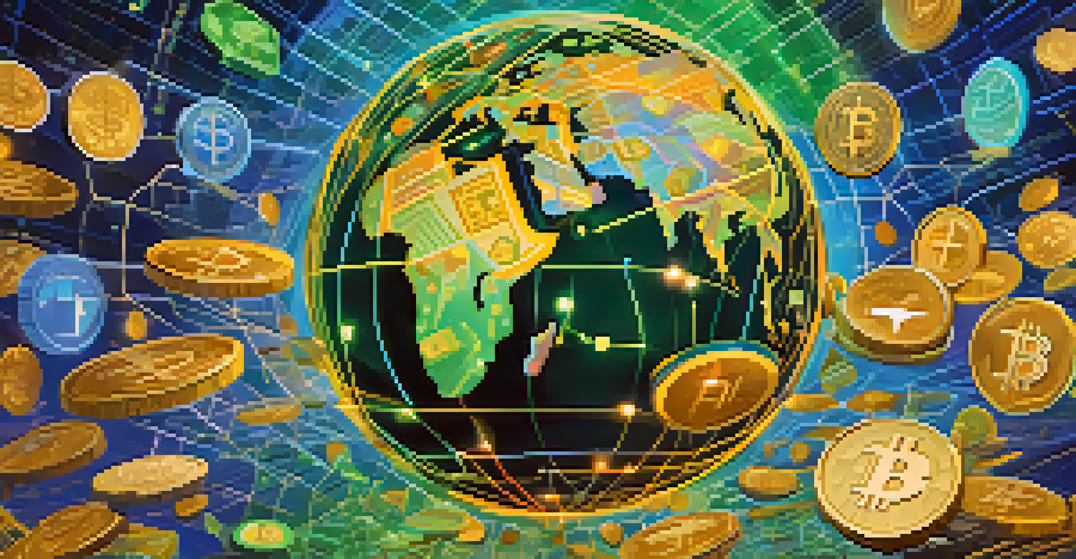 An abstract image of stablecoins represented as various coins floating around a digital globe with blockchain lines in the background.