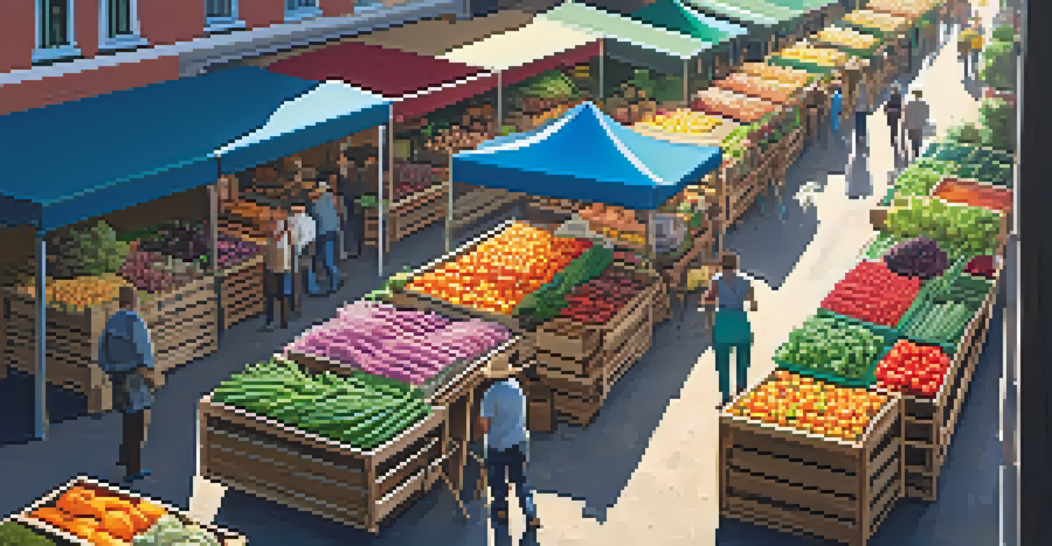 A vibrant farmers' market with colorful fruits and vegetables, and people interacting.