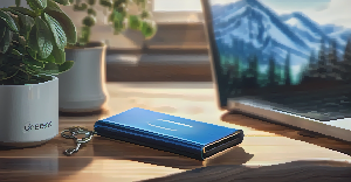 A close-up of a metallic hardware cryptocurrency wallet on a wooden table with natural light illuminating it, surrounded by a cozy home office setting.