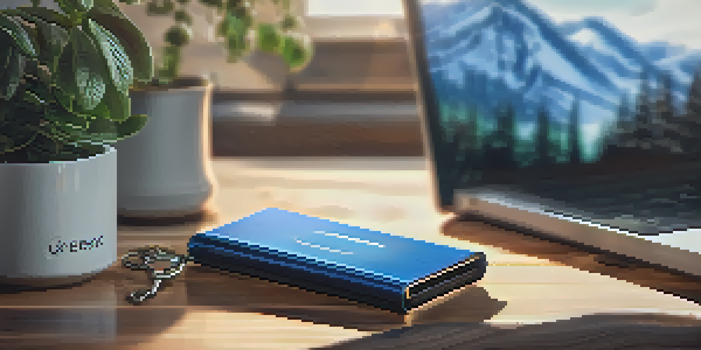 A close-up of a metallic hardware cryptocurrency wallet on a wooden table with natural light illuminating it, surrounded by a cozy home office setting.