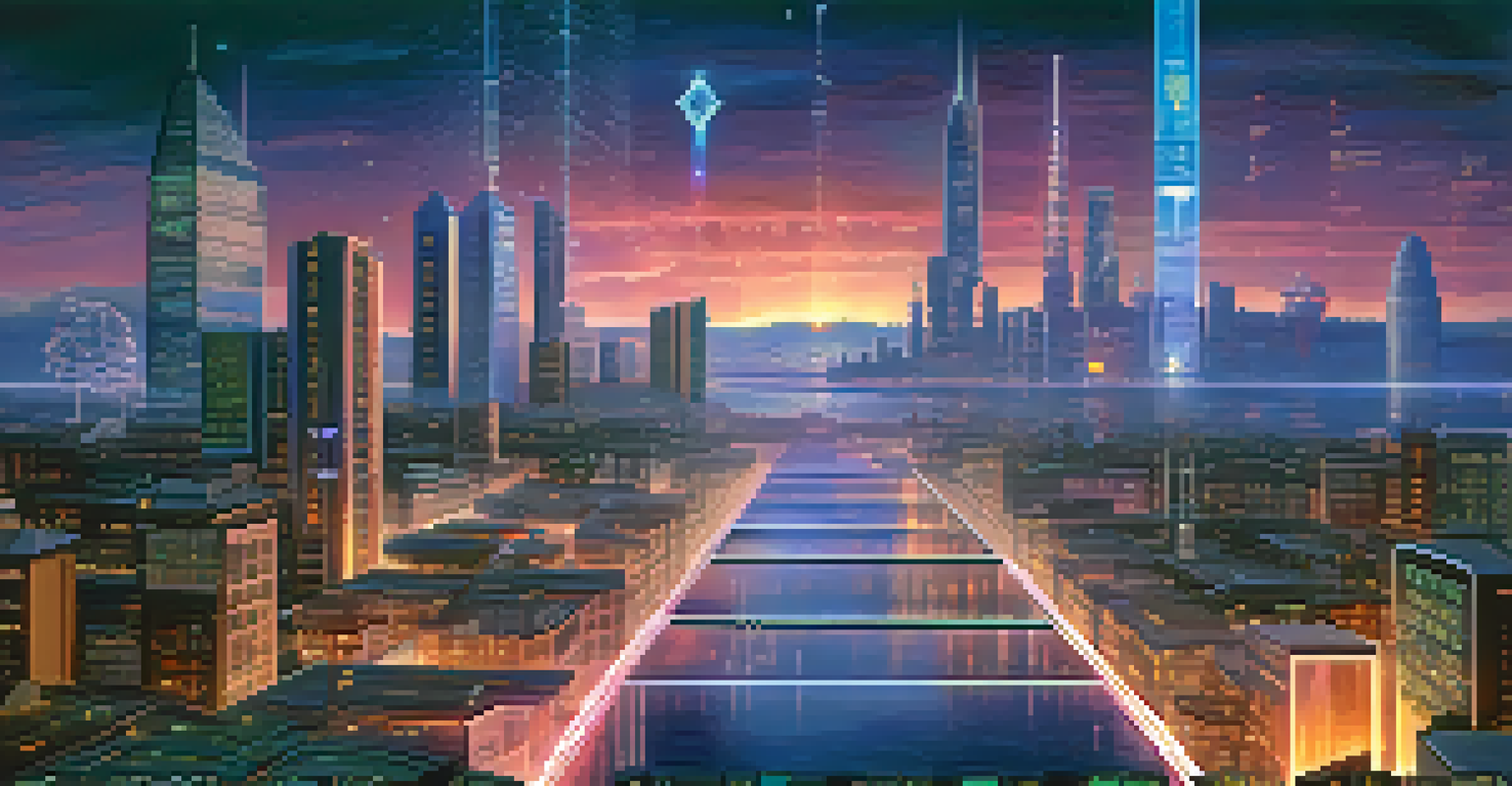 A digital landscape with a futuristic city skyline and holographic interfaces showcasing software wallet features.