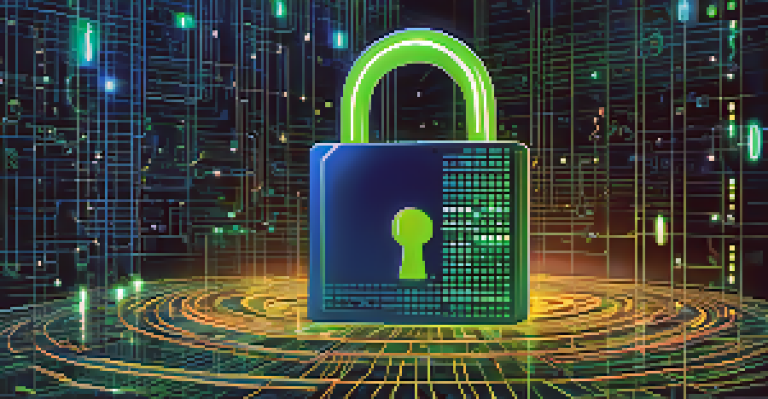 An abstract image depicting digital security with a glowing padlock symbol and a backdrop of binary code and circuit patterns.