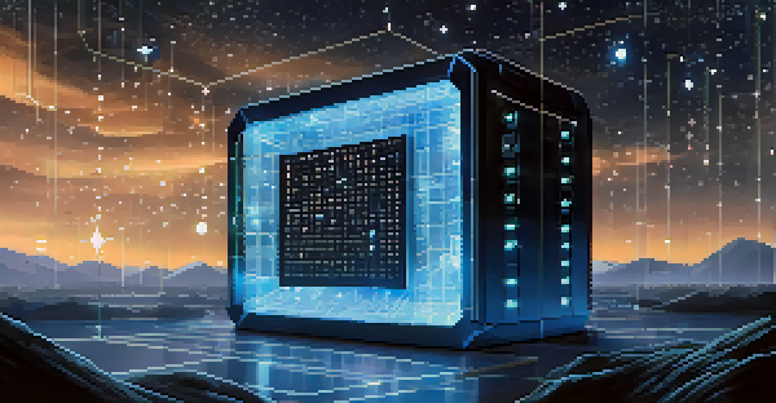 A digital vault representing blockchain technology, with glowing data blocks inside a transparent structure set against a starry night sky.