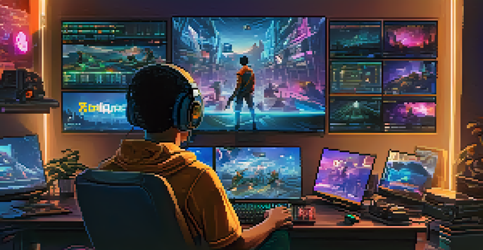 A young gamer in a dimly lit room with colorful LED lights, focused on multiple screens showing gaming interfaces and cryptocurrency charts.