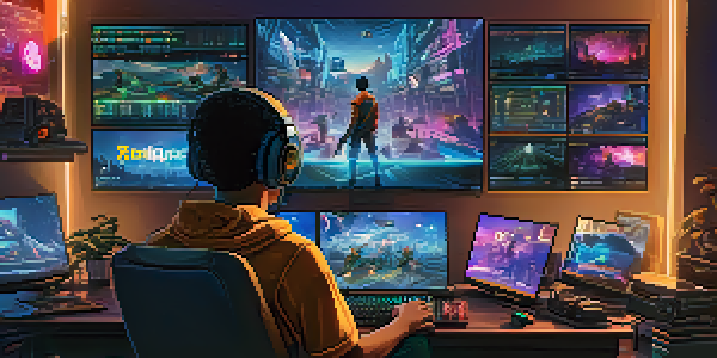 A young gamer in a dimly lit room with colorful LED lights, focused on multiple screens showing gaming interfaces and cryptocurrency charts.