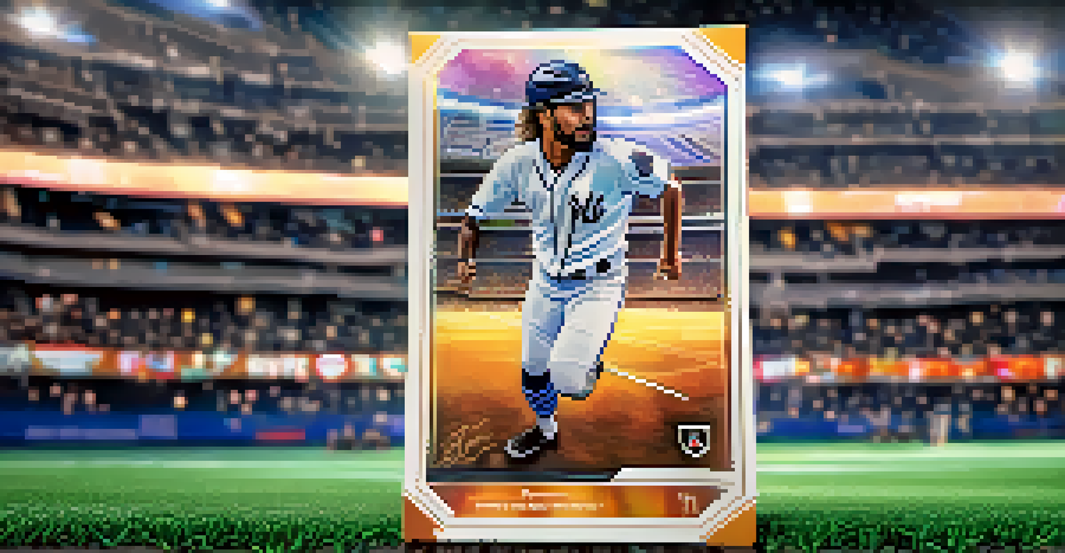 A digital trading card NFT featuring a legendary sports player's highlight, surrounded by a glowing aura and a blurred stadium background.