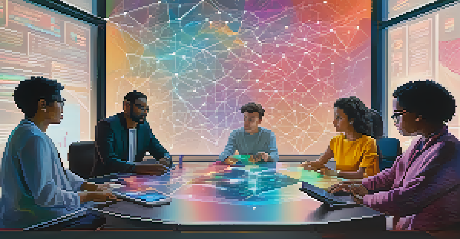 An artistic depiction of diverse figures collaborating around a digital table to verify data for consensus-based oracles.