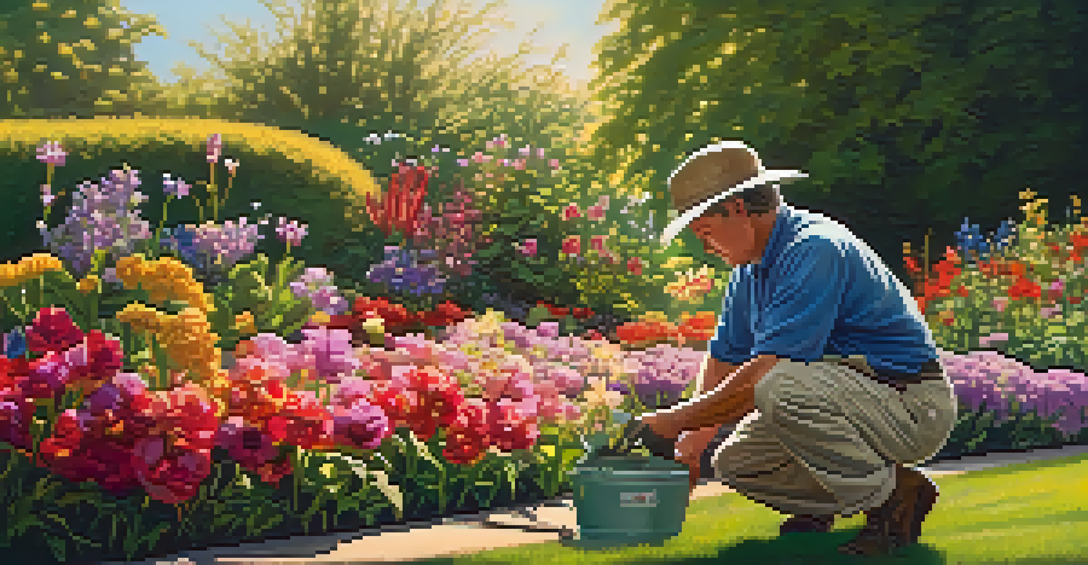 A professional gardener tending to colorful flowers in a sunny garden.