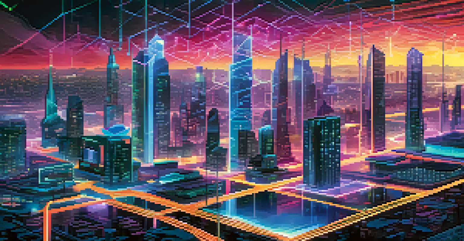 A futuristic city skyline with digital data streams and holograms, illuminated by neon colors.