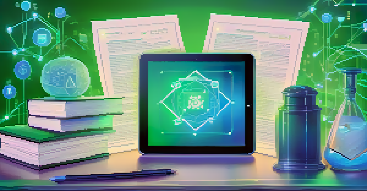 A glowing digital contract on a tablet with symbols of transparency in a soft green and blue background.