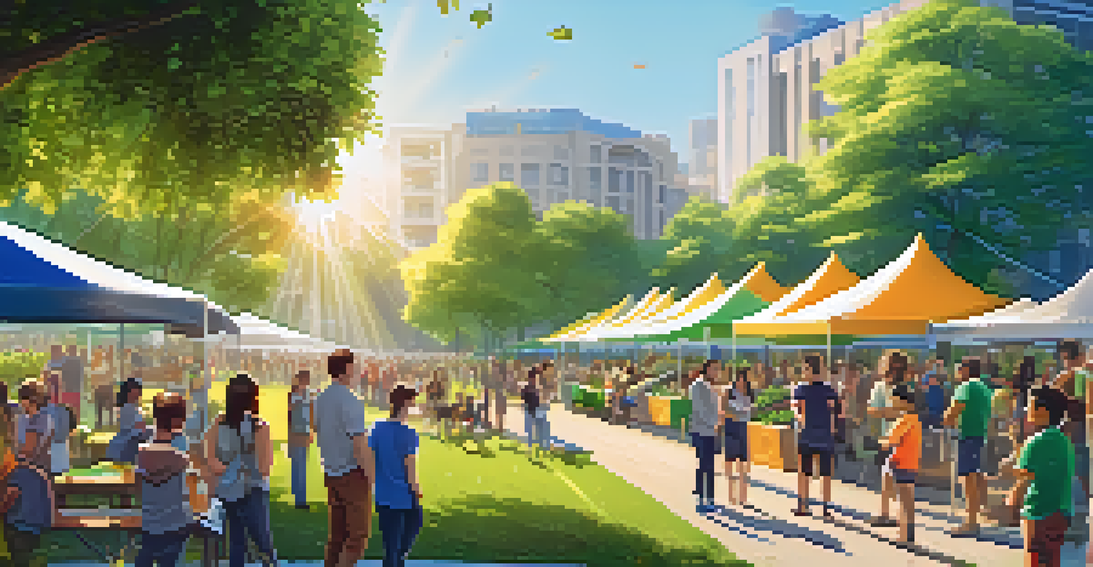 A community event in a park focused on eco-friendly activities, with banners promoting cryptocurrency.
