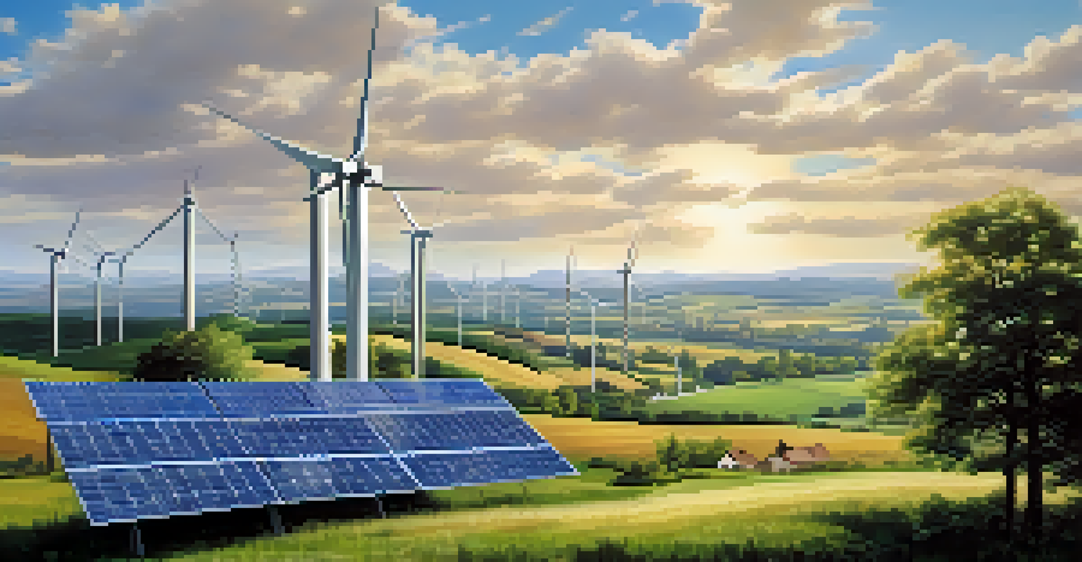 A rural landscape with wind turbines and solar panels, showing a small village under a clear sky.