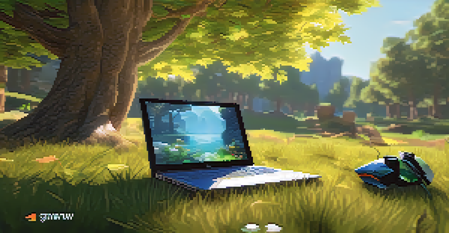 A peaceful outdoor scene of a gamer under a tree, focused on a laptop displaying a Play-to-Earn game.