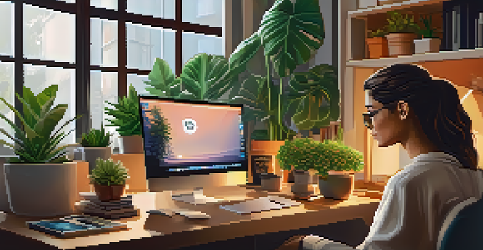 A freelancer working at a laptop in a cozy home office with houseplants and cryptocurrency items on the desk.